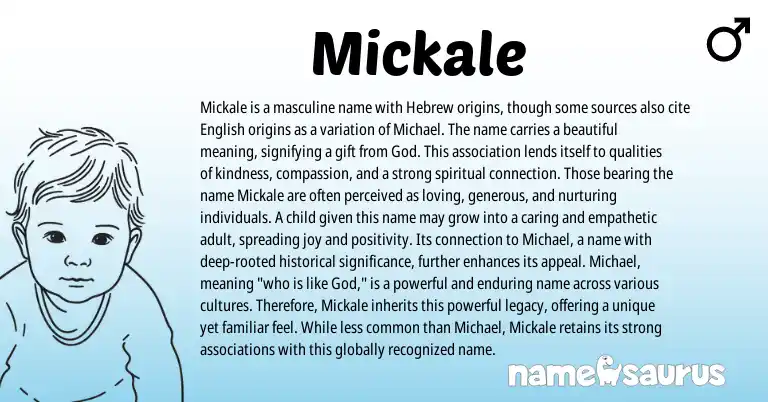 Infographic about Mickale name meaning, Mickale is a name from Hebrew, American origin(s).