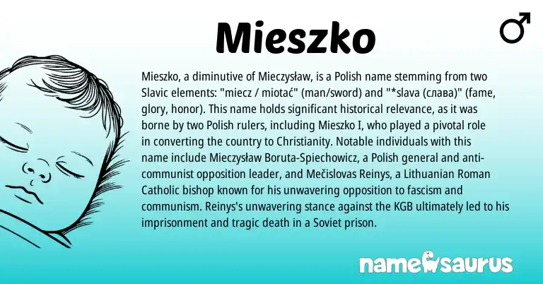 Infographic about Mieszko name meaning, Mieszko is a name from Polish, Christianity, Lithuanian, Slavic, Roman, Soviet origin(s).