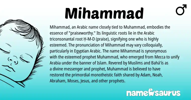 Infographic about Mihammad name meaning, Mihammad is a name from Egyptian, Arabic origin(s).