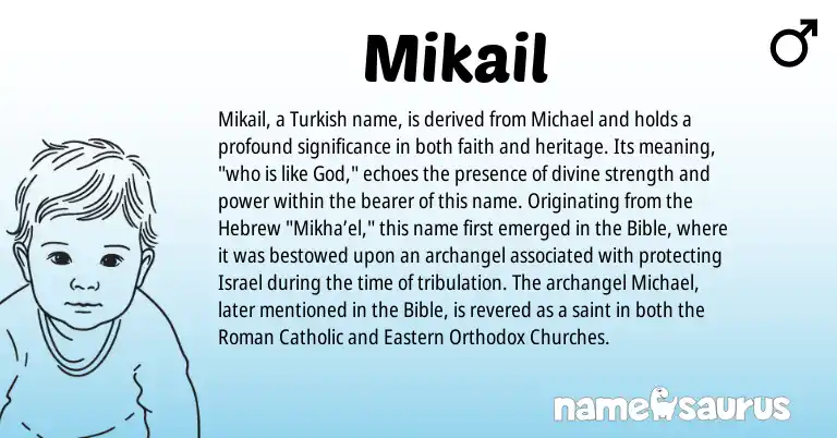 Infographic about Mikail name meaning, Mikail is a name from Roman, Turkish, Hebrew origin(s).