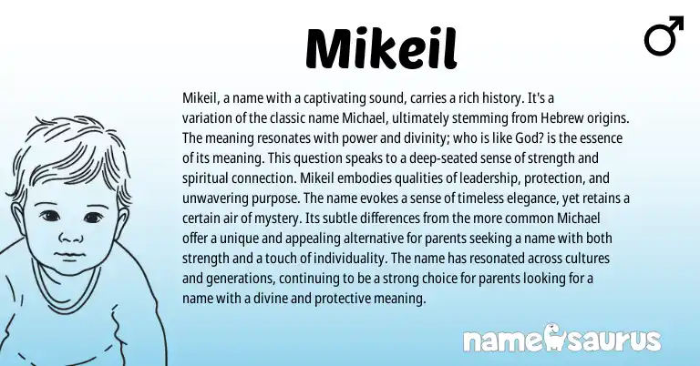 Infographic about Mikeil name meaning, Mikeil is a name from Hebrew origin(s).