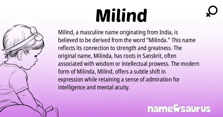 Infographic about Milind name meaning, Milind is a name from Indian origin(s).