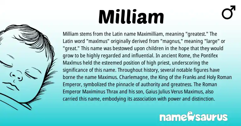 Infographic about Milliam name meaning, Milliam is a name from Roman, Latin origin(s).