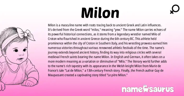 Infographic about Milon name meaning, Milon is a name from Ancient Greek (Latinized), English, German, Literature origin(s).