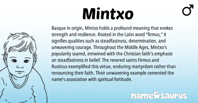 Infographic about Mintxo name meaning, Mintxo is a name from Basque, Latin origin(s).