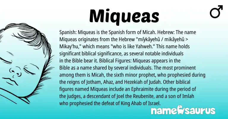 Infographic about Miqueas name meaning, Miqueas is a name from Spanish, Hebrew origin(s).
