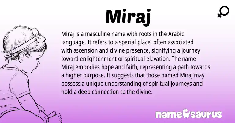 Infographic about Miraj name meaning, Miraj is a name from Arabic origin(s).