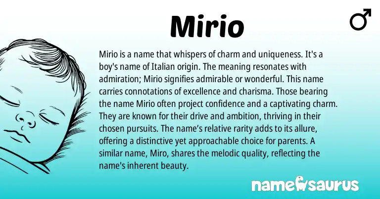 Infographic about Mirio name meaning, Mirio is a name from Italian, Japanese origin(s).