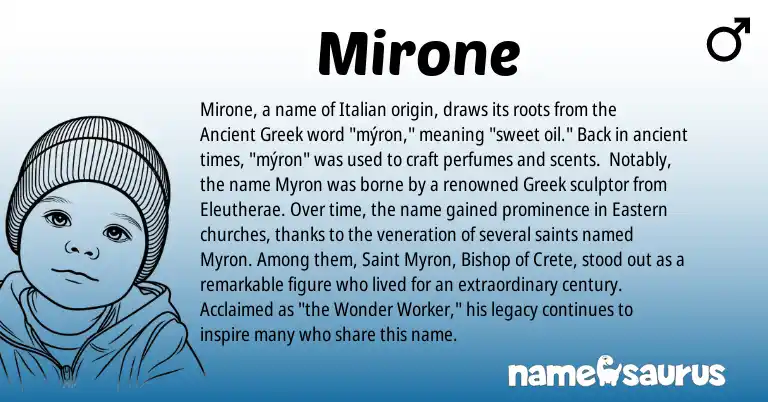 Infographic about Mirone name meaning, Mirone is a name from Ancient Greek, Greek, Italian origin(s).