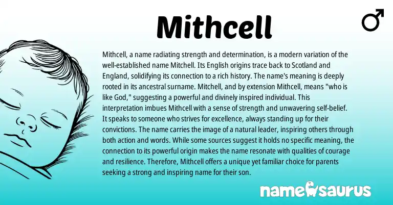 Infographic about Mithcell name meaning, Mithcell is a name from English origin(s).