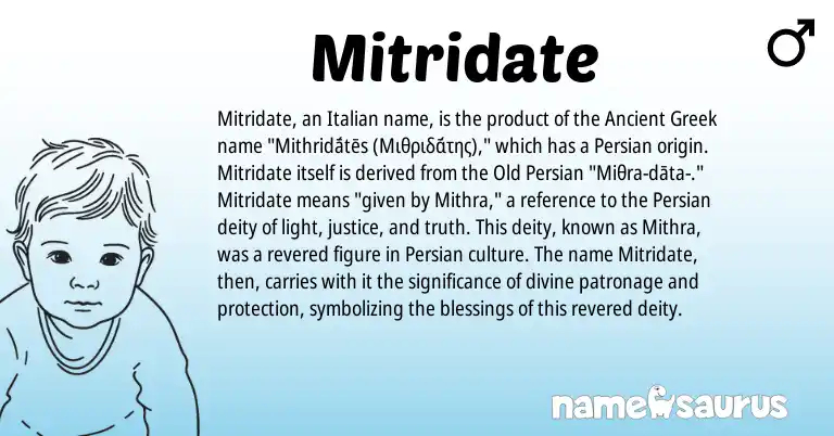 Infographic about Mitridate name meaning, Mitridate is a name from Ancient Greek, Old Persian, Persian, Italian origin(s).