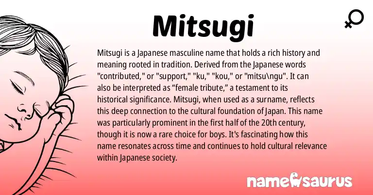Infographic about Mitsugi name meaning, Mitsugi is a name from Japanese origin(s).