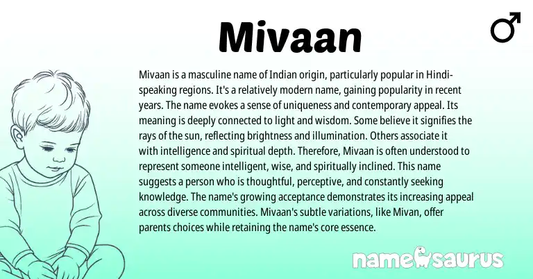 Infographic about Mivaan name meaning, Mivaan is a name from Hindi, Indian origin(s).