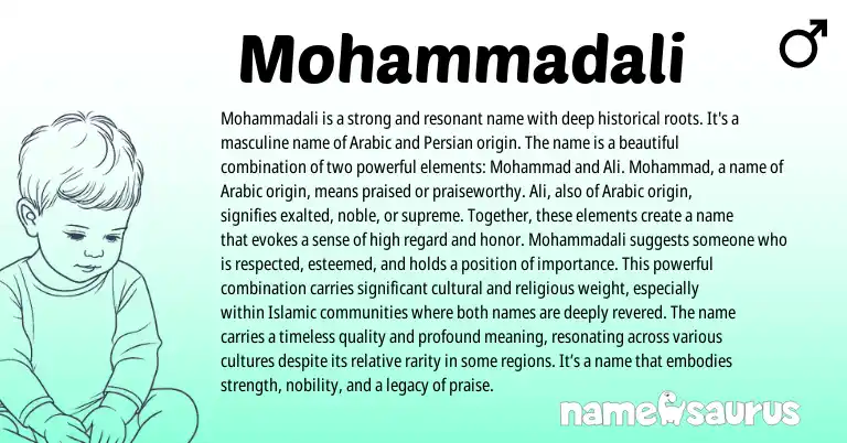 Infographic about Mohammadali name meaning, Mohammadali is a name from Persian, Arabic origin(s).