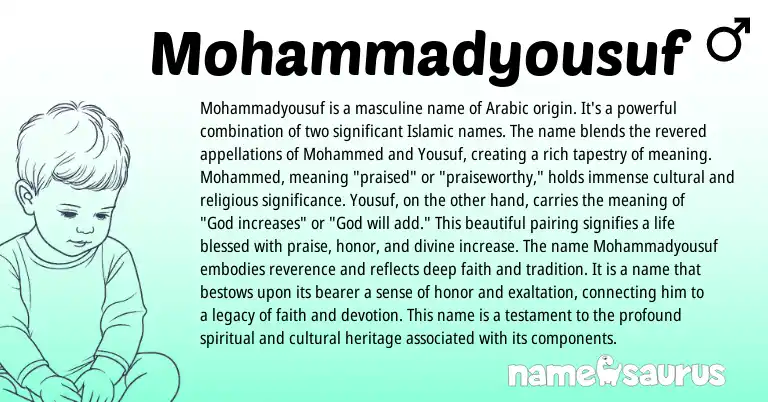 Infographic about Mohammadyousuf name meaning, Mohammadyousuf is a name from Persian, Arabic origin(s).