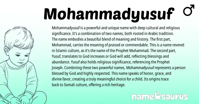 Infographic about Mohammadyusuf name meaning, Mohammadyusuf is a name from Arabic origin(s).