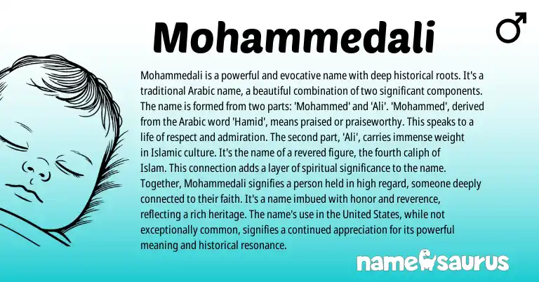 Infographic about Mohammedali name meaning, Mohammedali is a name from Arabic origin(s).