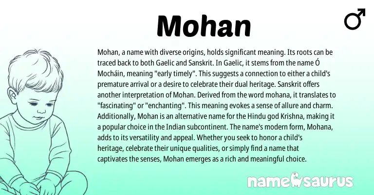 Infographic about Mohan name meaning, Mohan is a name from Indian, Gaelic, Hindu, Sanskrit origin(s).