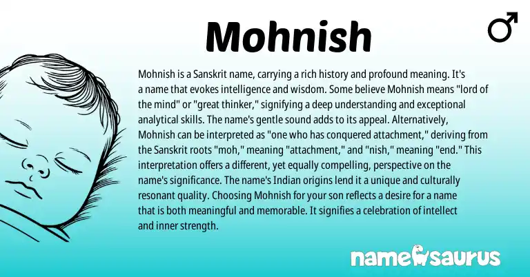 Infographic about Mohnish name meaning, Mohnish is a name from Sanskrit, Indian origin(s).
