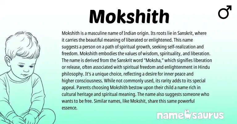 Infographic about Mokshith name meaning, Mokshith is a name from Sanskrit, Indian origin(s).
