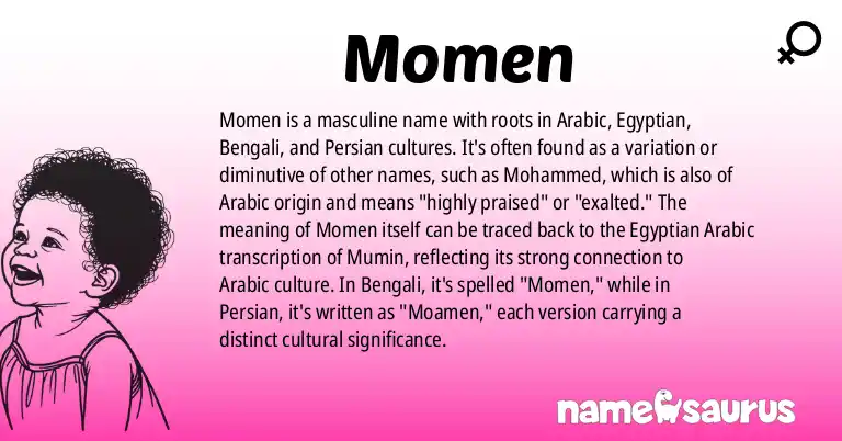 Infographic about Momen name meaning, Momen is a name from Arabic (Egyptian), Bengali, Persian origin(s).