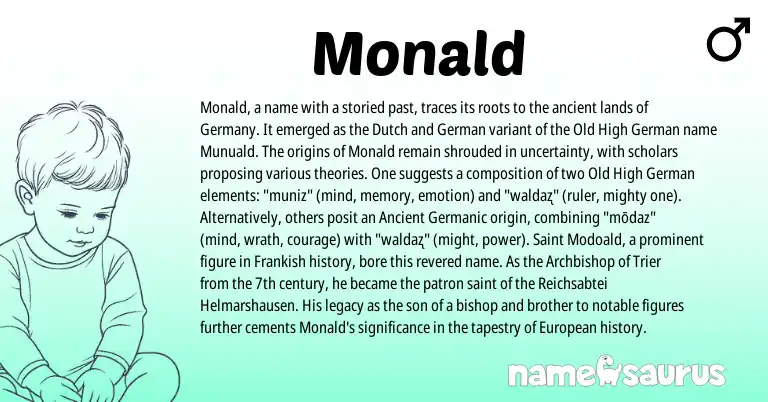 Infographic about Monald name meaning, Monald is a name from Old High German, Ancient Germanic, Frankish, European, German, Dutch origin(s).