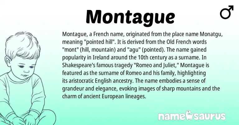 Infographic about Montague name meaning, Montague is a name from English, Ireland, European, Old French, French origin(s).