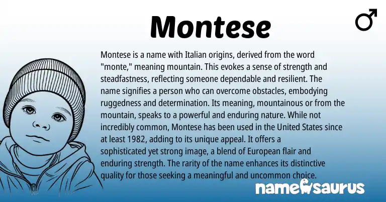 Infographic about Montese name meaning, Montese is a name from Italian origin(s).