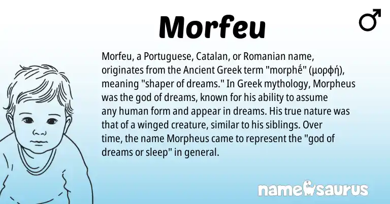 Infographic about Morfeu name meaning, Morfeu is a name from Ancient Greek, Catalan, Greek, Romanian, Portuguese origin(s).