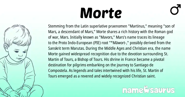 Infographic about Morte name meaning, Morte is a name from Roman, Sanskrit, Latin, European origin(s).