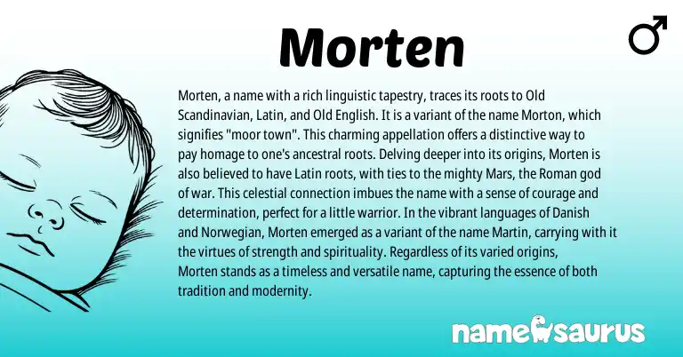 Infographic about Morten name meaning, Morten is a name from Danish, Scandinavian, Norwegian, Roman, Latin, Old English origin(s).