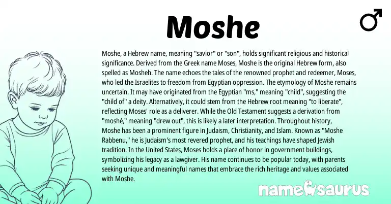 Infographic about Moshe name meaning, Moshe is a name from Christianity, United States, Judaism, Greek, Egyptian, Jewish, Hebrew origin(s).