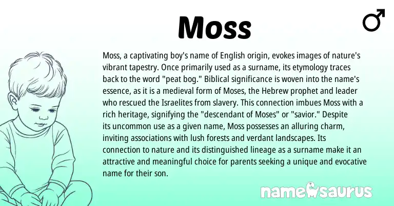 Infographic about Moss name meaning, Moss is a name from English, Hebrew origin(s).