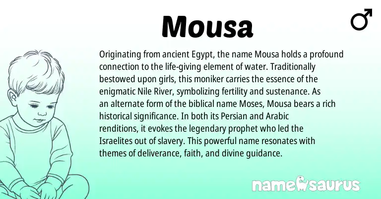 Infographic about Mousa name meaning, Mousa is a name from Persian, Arabic origin(s).