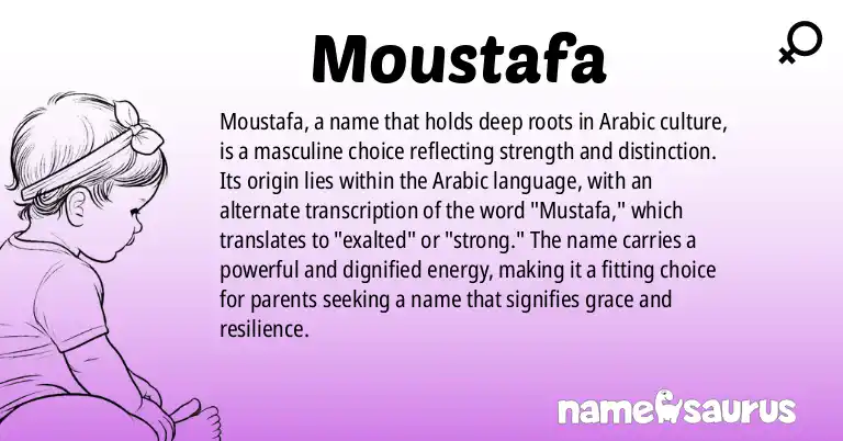 Infographic about Moustafa name meaning, Moustafa is a name from Arabic origin(s).