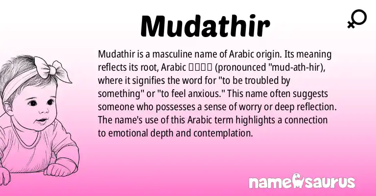 Infographic about Mudathir name meaning, Mudathir is a name from Arabic origin(s).
