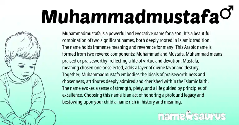 Infographic about Muhammadmustafa name meaning, Muhammadmustafa is a name from Arabic origin(s).