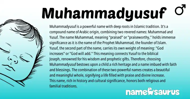 Infographic about Muhammadyusuf name meaning, Muhammadyusuf is a name from Arabic origin(s).