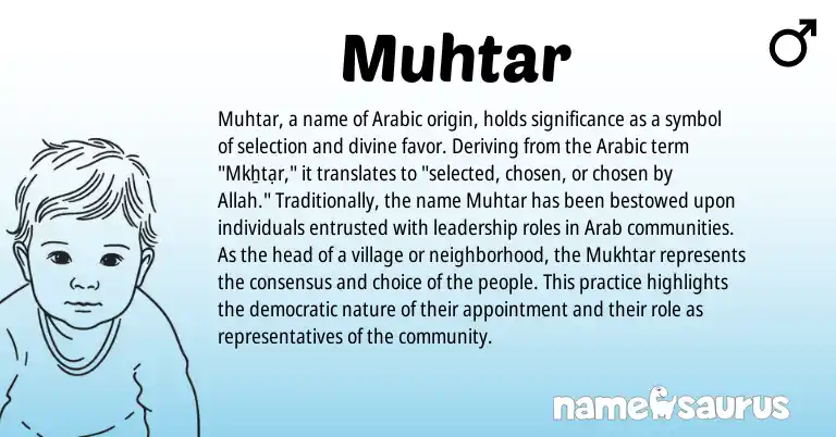 Infographic about Muhtar name meaning, Muhtar is a name from Arabic origin(s).
