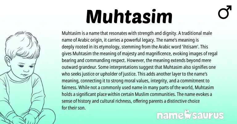 Infographic about Muhtasim name meaning, Muhtasim is a name from Arabic origin(s).
