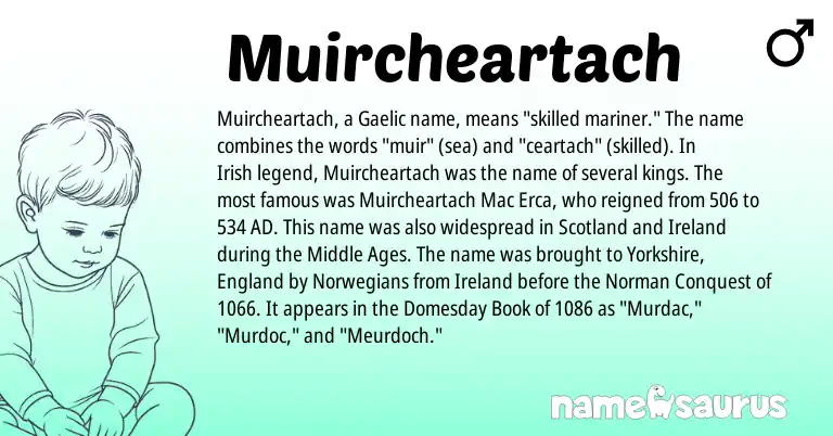 Infographic about Muircheartach name meaning, Muircheartach is a name from Irish, Ireland, England, Gaelic, Norman origin(s).