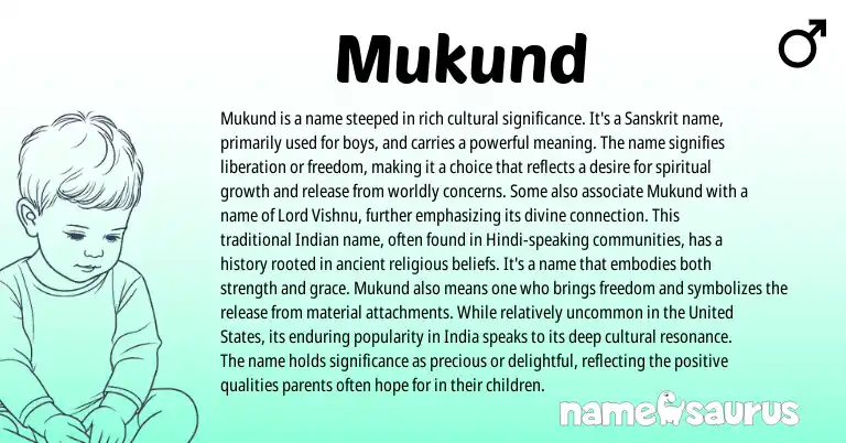 Infographic about Mukund name meaning, Mukund is a name from Gujarati, Indian, Sanskrit origin(s).