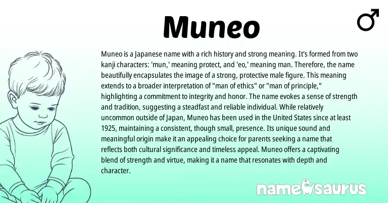 Infographic about Muneo name meaning, Muneo is a name from Japanese origin(s).