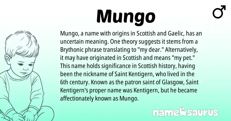 Infographic about Mungo name meaning, Mungo is a name from Gaelic, Scottish, Brythonic origin(s).