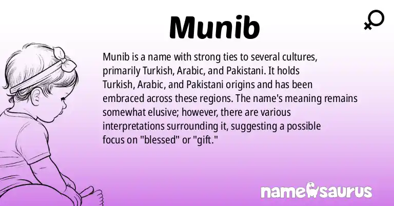 Infographic about Munib name meaning, Munib is a name from Turkish, Arabic, Pakistani origin(s).