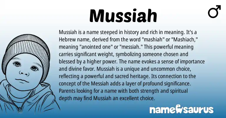 Infographic about Mussiah name meaning, Mussiah is a name from Hebrew, Arabic origin(s).