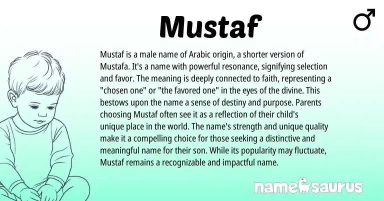 Infographic about Mustaf name meaning, Mustaf is a name from Arabic origin(s).