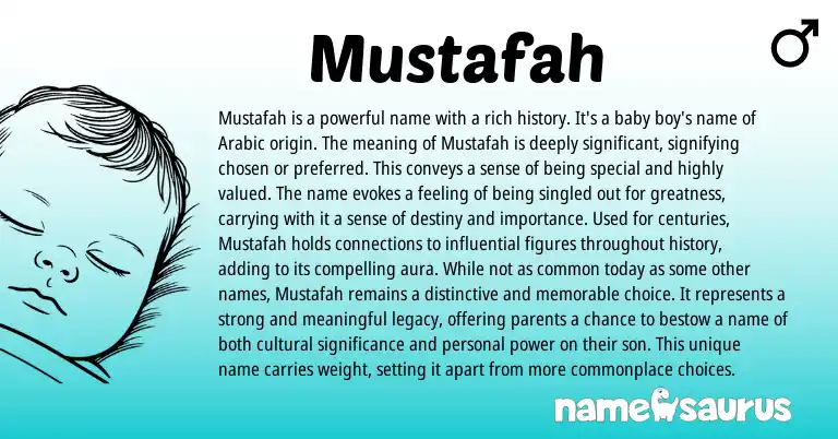 Infographic about Mustafah name meaning, Mustafah is a name from Arabic origin(s).
