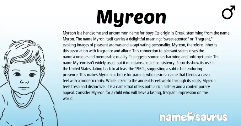 Infographic about Myreon name meaning, Myreon is a name from Greek origin(s).