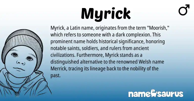 Infographic about Myrick name meaning, Myrick is a name from Latin, Welsh origin(s).